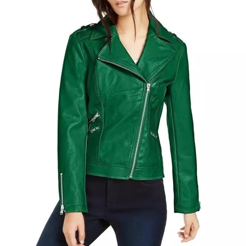 INC Green Faux Leather Pop of Color Moto Jacket Size XS Casual Edgy Biker